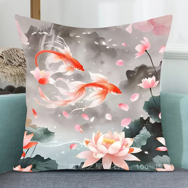 荷花锦鲤图抱枕十字绣新款线绣手工印花满绣客厅diy靠枕打发时间