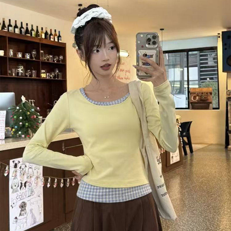 chic风韩式短款假两件上衣女春秋小个子修身显瘦嫩黄色卡腰打底衫