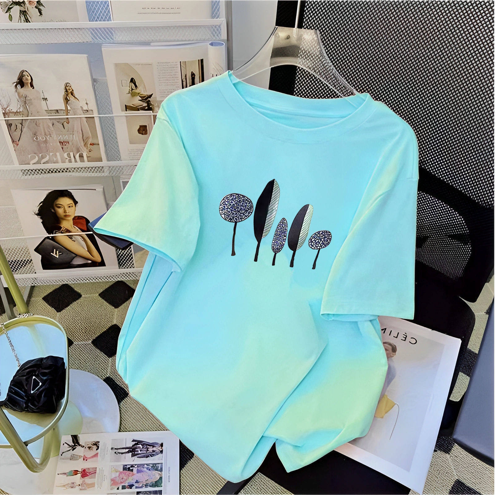 糖果色国潮印花短袖T恤女纯棉2026春夏季新款薄荷绿上衣体恤宽松