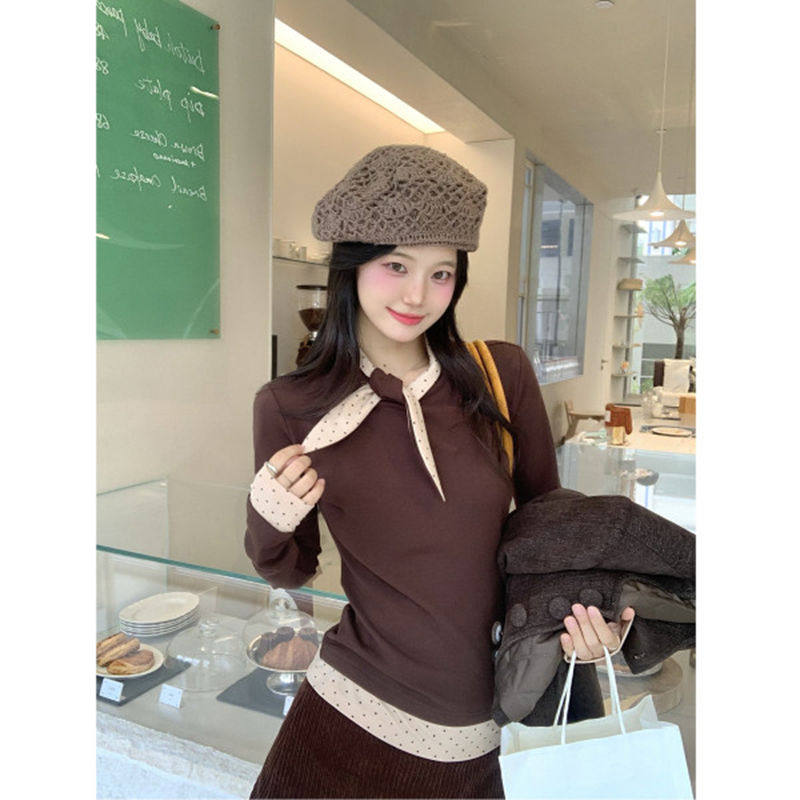 法式小众蝴蝶结拼接上衣打底衫女