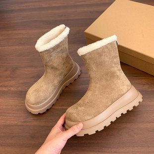 毛毛靴 短靴保暖防滑棉鞋 厚底雪地靴女皮毛一体中筒靴2025新款 冬季