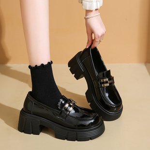 舒适不累脚职业单鞋 黑色厚底小皮鞋 内增高乐福鞋 女2025年秋季 新款