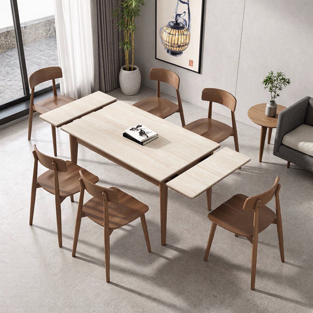 可伸缩长方形实木岩板餐桌折叠现代简约轻奢家用小户型胡桃色饭桌