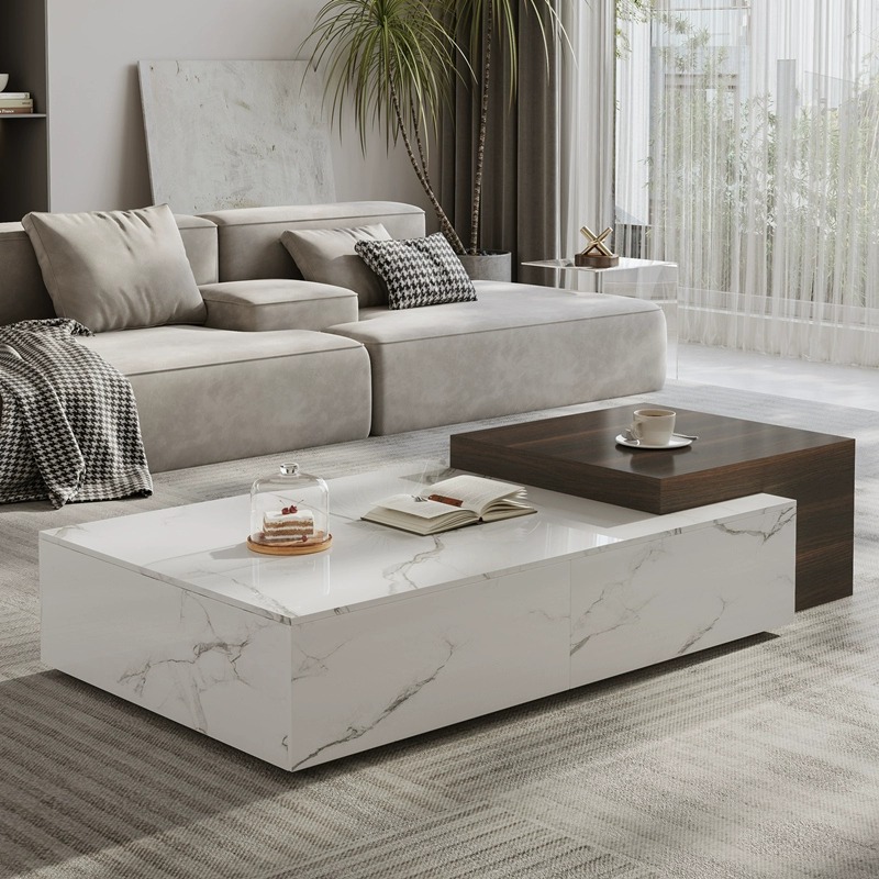 岩板茶几轻奢高级感大户型客厅家用极简长方形烟熏木别墅伸缩茶几