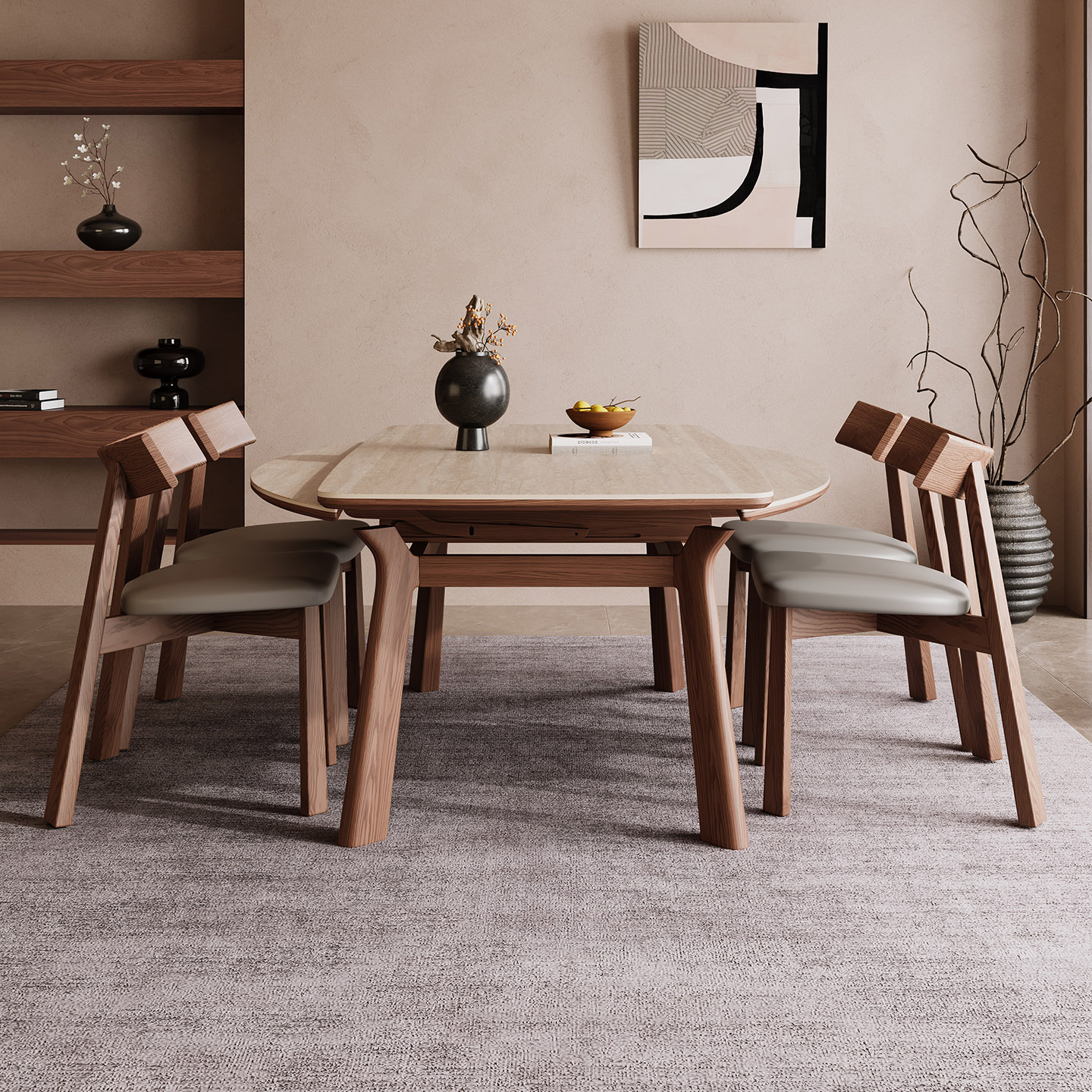 中古风洞石岩板餐桌可伸缩变圆桌现代简约小户型方圆两用实木饭桌