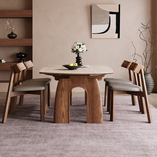 梦欧洞石岩板伸缩实木餐桌厂家