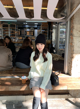 Peanut花生糖 卷边复古麻花毛衣春秋新款宽松显瘦短款长袖上衣女