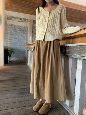 Peanut花生糖 复古灯芯绒半身裙春秋新款高腰显瘦百搭A字裙伞裙