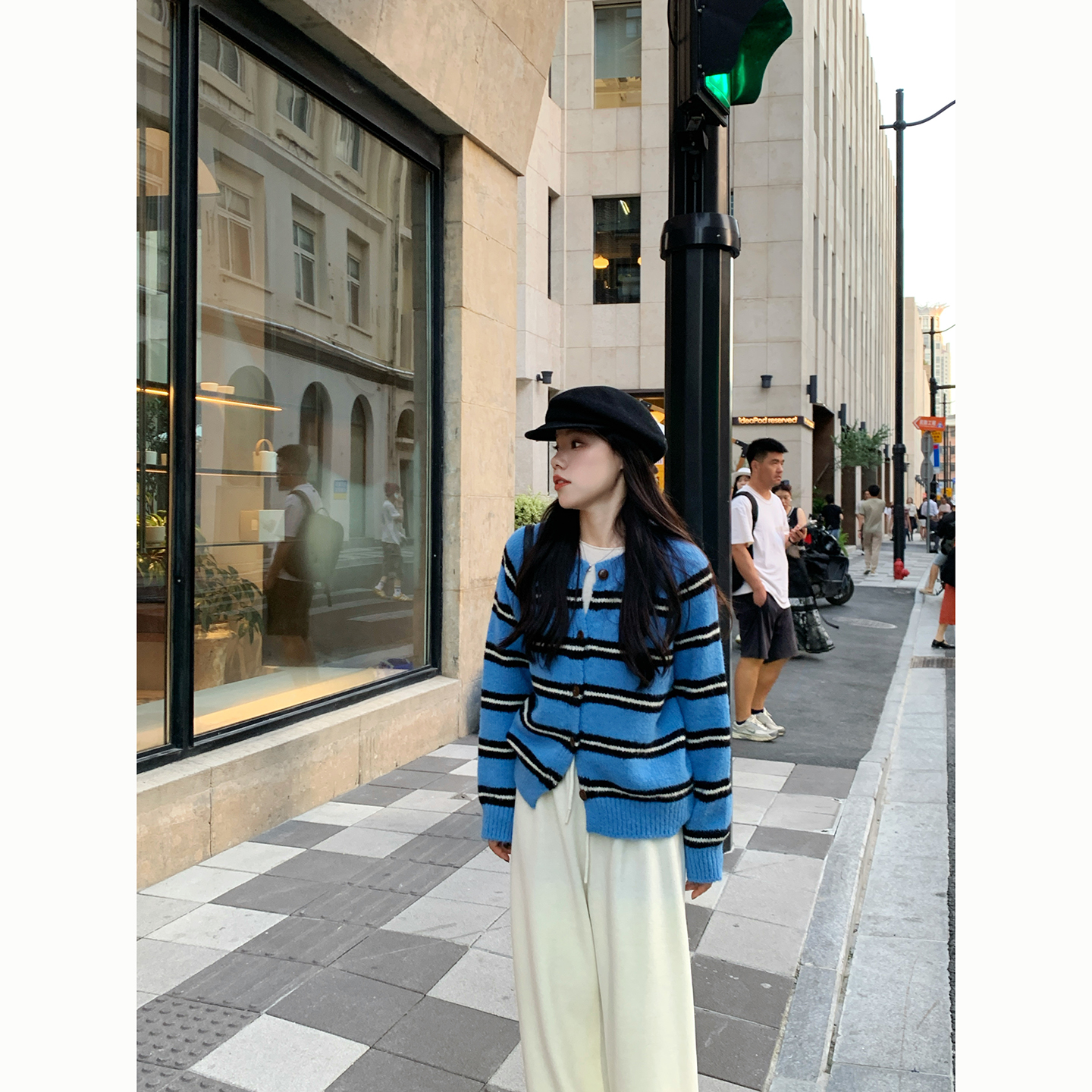 Peanut 花生糖 宽松条纹毛衣开衫秋冬新款复古韩版宽松针织上衣