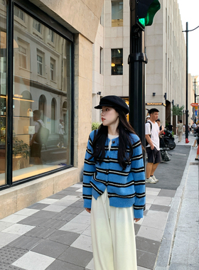 Peanut 花生糖 宽松条纹毛衣开衫秋冬新款复古韩版宽松针织上衣