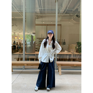 宽松百搭休闲裤 新款 松紧腰阔腿高密水洗棉质九分裤 Peanut花生糖