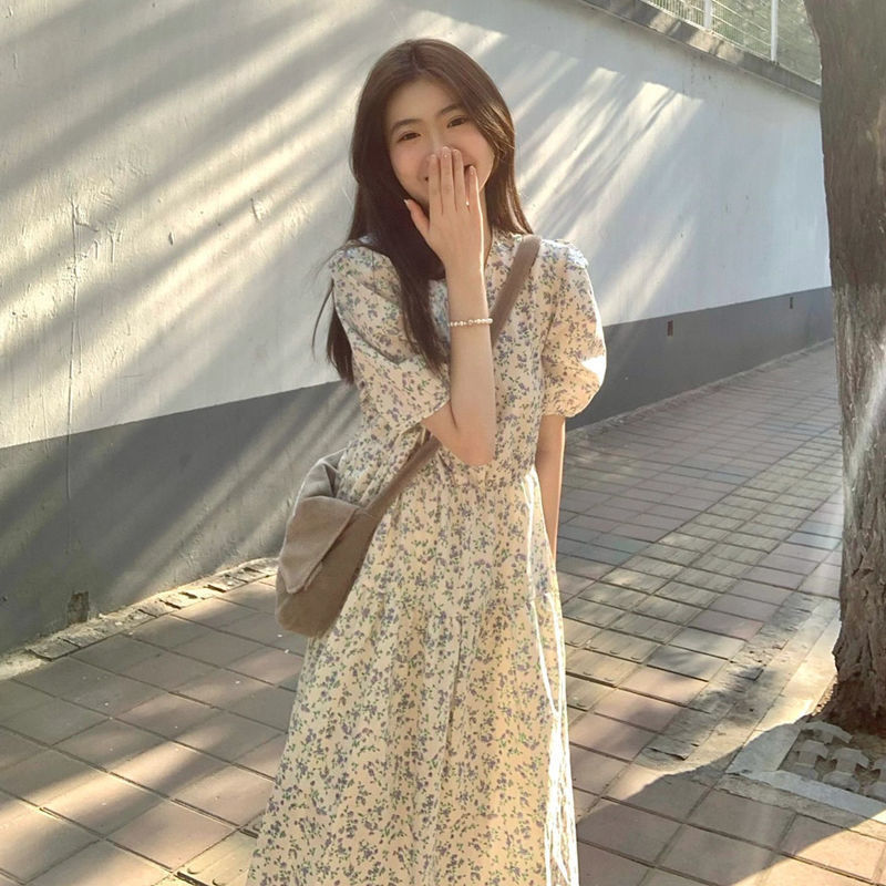 法式甜美碎花泡泡温柔风短袖连衣中长裙女夏季收腰显瘦气质A字裙