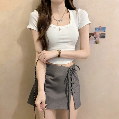 230克冰丝罗纹 上衣短款大领口正肩修身方领短袖t恤女新款小个子