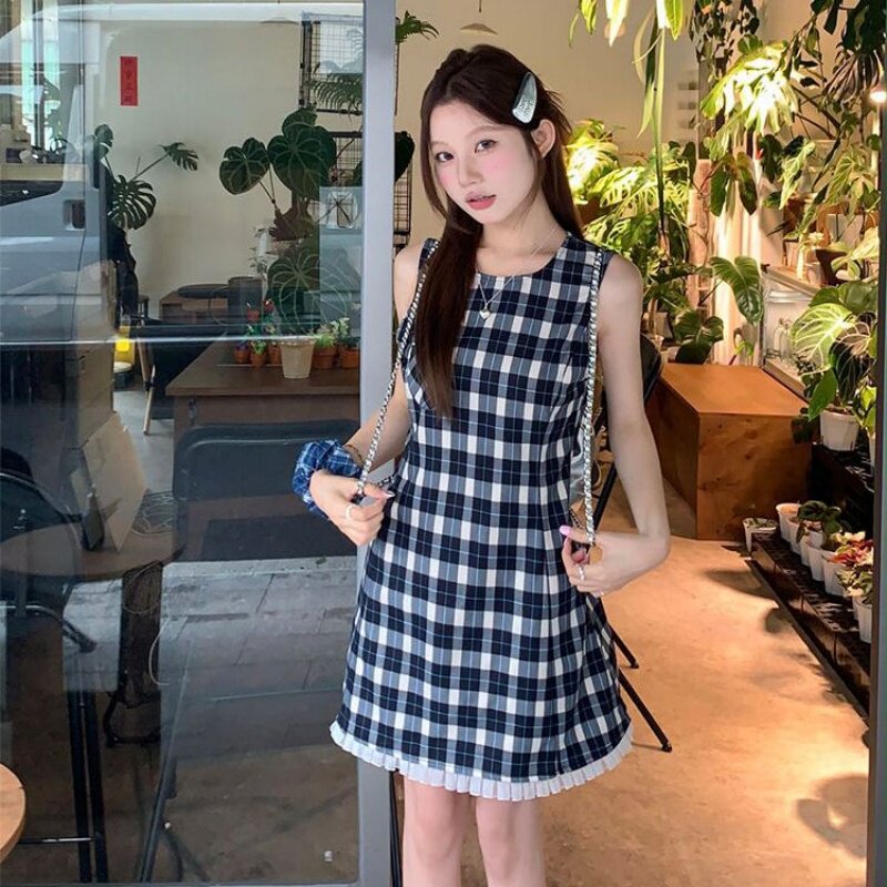 复古格子背心连衣裙女夏季法式设计感花边拼接收腰显瘦A字短裙子