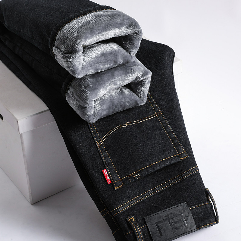 与狼共舞高端新塘冬季加绒加厚牛仔裤男秋冬款2023新款男士直筒宽