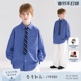 男女童26春新款 蓝色格纹领带设计感叠穿衬衫 学院新生 MUCMUKN