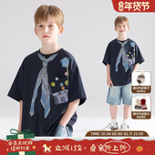 T恤男童夏新款 趣味领巾贴纸印花短袖 旅行探险家 7A抑菌速干棉