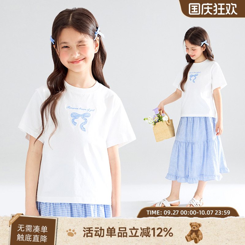 【芙洛拉花园】sorona光盾凉感 蝴蝶结短袖t恤透气格纹腰裙女童