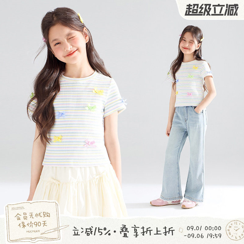 MUCMUKN【甜心彩虹糖】高弹彩条罗纹蝴蝶结短袖亲肤透气T恤女童夏图片