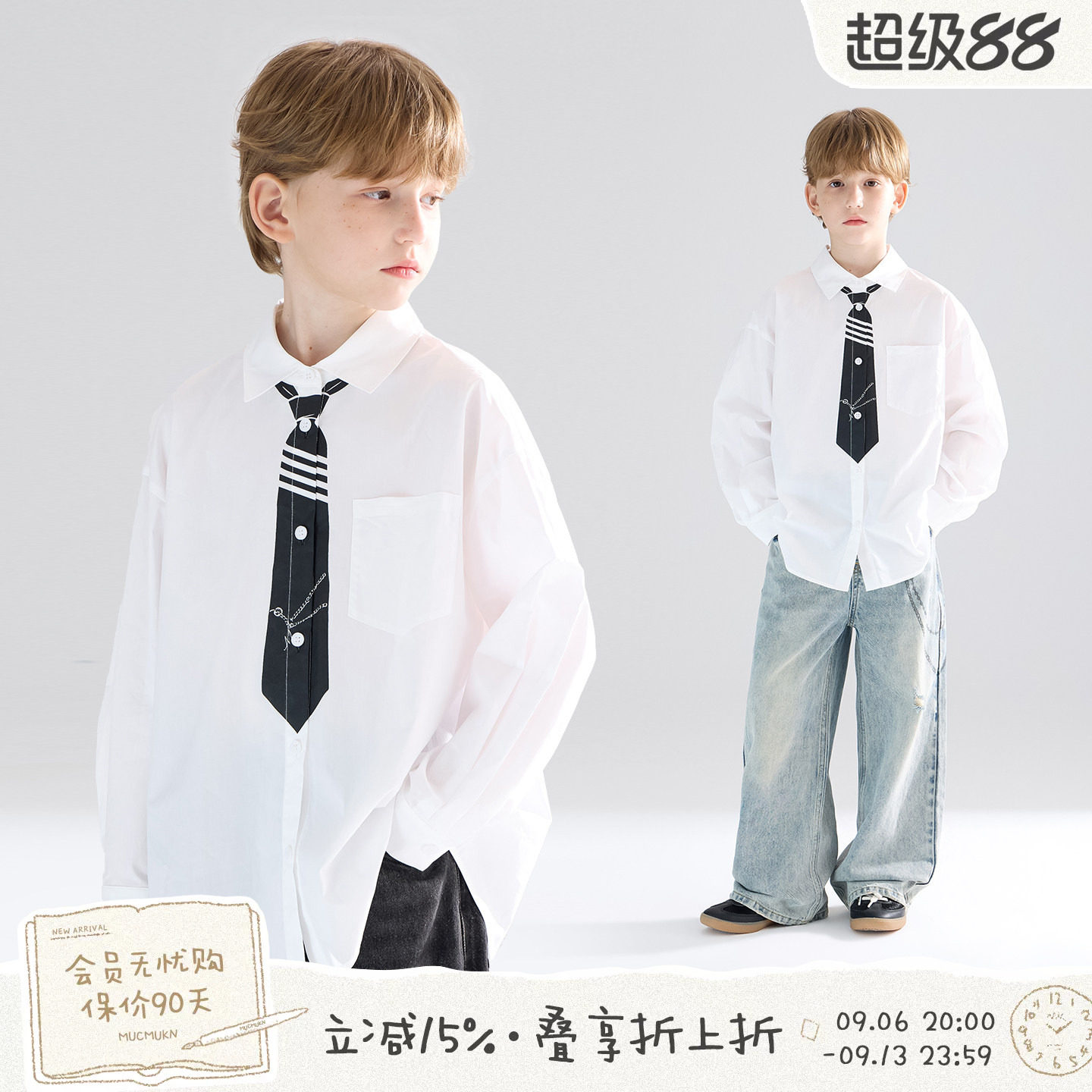 【趣变绅士】高密100%全棉 领带印花衬衫学院风白色衬衫男童秋新图片