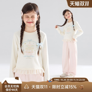 T恤花边打底衫 原创旋转木马手绘风长袖 女童秋新 保暖锁温纤维
