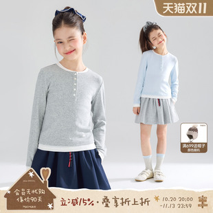 MUCMUKN【元气叠穿】莱赛尔新疆棉亨利领假两件纽扣T恤女童秋款