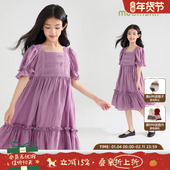天丝莱赛尔女童泡泡袖 鸢尾紫花园 连衣裙儿童蝴蝶结紫色长裙