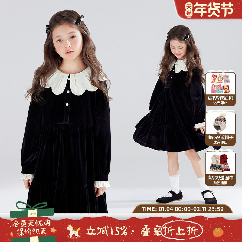 【月下山茶花】法式黑色丝绒连衣裙花瓣领公主甜美礼服派对冬女童,童装/婴儿装/亲子装,连衣裙,淘宝优惠券,粉丝福利购,淘宝优惠卷