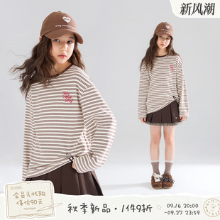 MUCMUKN【摩卡周末】软糯磨毛条纹棉复古撞色绣花长袖T恤女童26秋