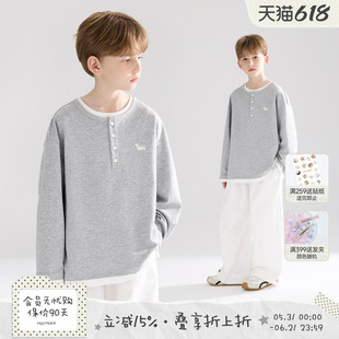 MUCMUKN【亨利小狗】新疆长绒棉亨利领假两件纽扣T恤男女童26春新
