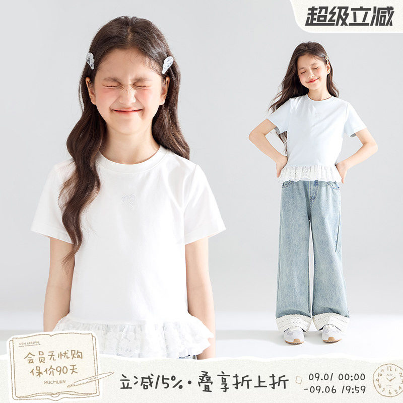 MUCMUKN中大童女短袖蕾丝T恤图片