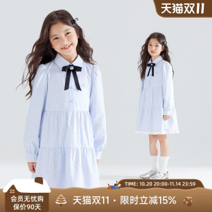 裙色织条纹棉女童花边蓝色连衣裙 蝴蝶领结学院风衬衫 海盐甜语