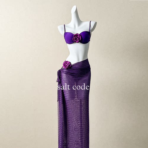 2025紫色花朵比基尼长裙