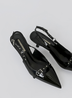 林向晚黑色高跟鞋设计感小众气质名媛风一字扣带漆皮铆钉包头凉鞋