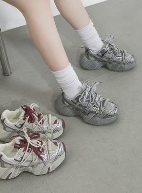 林向晚复古老爹鞋女设计感小众厚底增高系带巴黎风红色休闲运动鞋