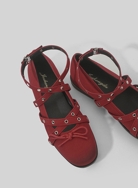 林向晚 朋克少女~红色玛丽珍鞋设计感小众蝴蝶结芭蕾鞋复古单鞋女