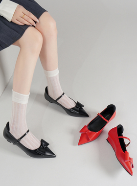 林向晚 法式浪漫~复古尖头黑色高跟鞋女设计感小众坡跟蝴蝶结单鞋