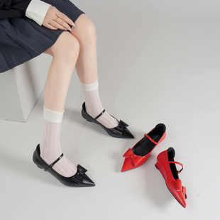 林向晚 法式浪漫~复古尖头黑色高跟鞋女设计感小众坡跟蝴蝶结单鞋