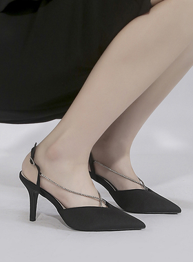 林向晚 毕业季~黑色高跟鞋设计感小众气质女神范链条扣带水钻凉鞋