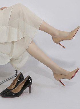 林向晚 小说女主~裸色红底高跟鞋女细跟气质名媛风漆皮尖头单鞋女