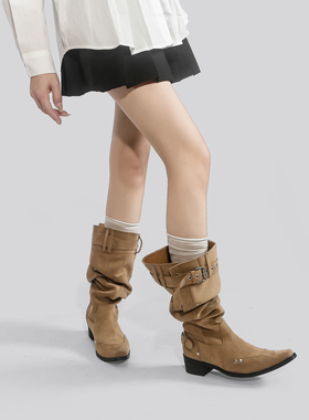 林向晚 韩系辣妹~不过膝长靴女增高尖头靴西部牛仔靴大筒围堆堆靴