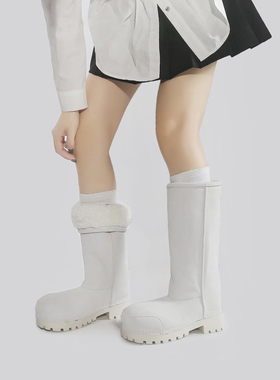 林向晚 泡芙小姐~大头靴加绒加厚白色雪地靴女小个子厚底增高棉鞋