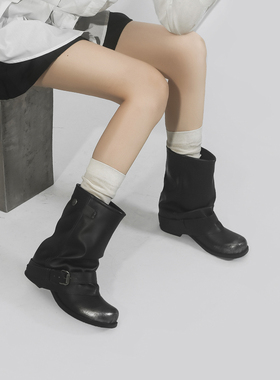 林向晚 都市少女~复古西部牛仔靴女厚底俏皮圆头短靴褶皱堆堆靴