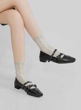 林向晚 甜酷少女~朋克芭蕾风铆钉黑色单鞋女皮带扣内增高玛丽珍鞋