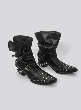 林向晚 暗黑朋克~尖头黑色短靴女小众金属风机车靴堆堆西部牛仔靴