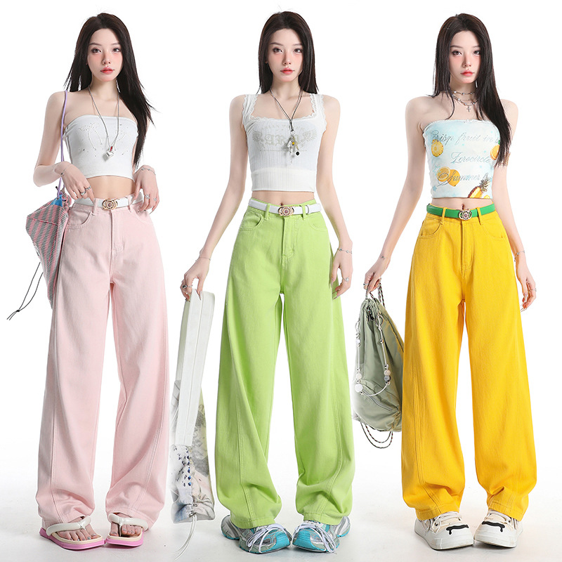 韩版樱花粉苹果绿直筒牛仔裤女高腰显瘦镰刀宽松阔腿百搭拖地长裤