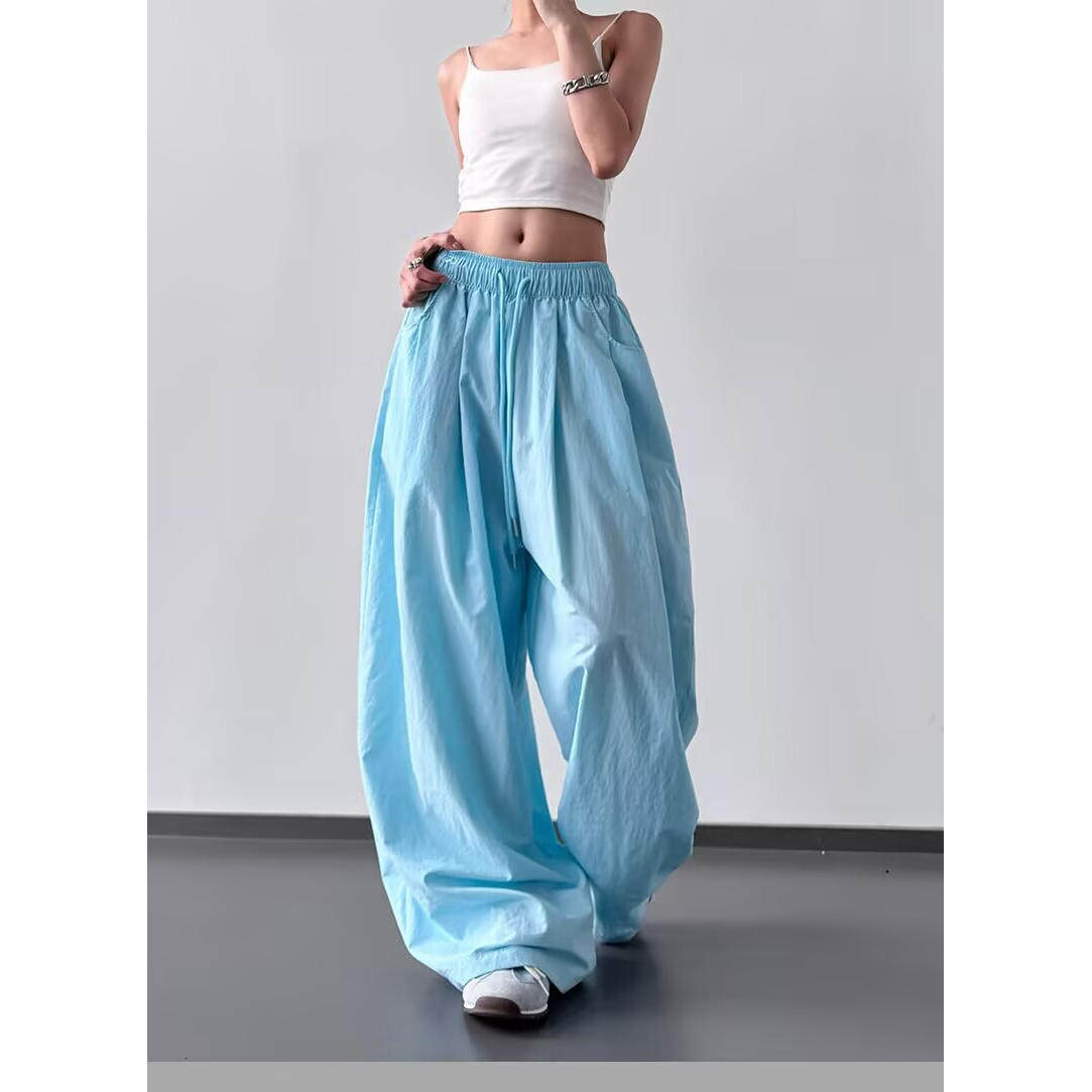 美式复古蓝色褶皱慵懒风阔腿裤女夏季宽松夏天垂感休闲运动舞裤潮