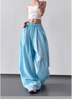 美式复古蓝色褶皱慵懒风阔腿裤女夏季宽松夏天垂感休闲运动舞裤潮