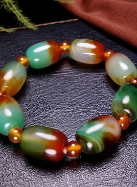 南京天然雨花石孔雀绿玛瑙桶珠手链原石玛瑙手串转运男女礼品