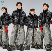 街舞儿童潮服男童酷帅皮夹克迷彩裤 嘻哈hiphop舞蹈服架子鼓演出服